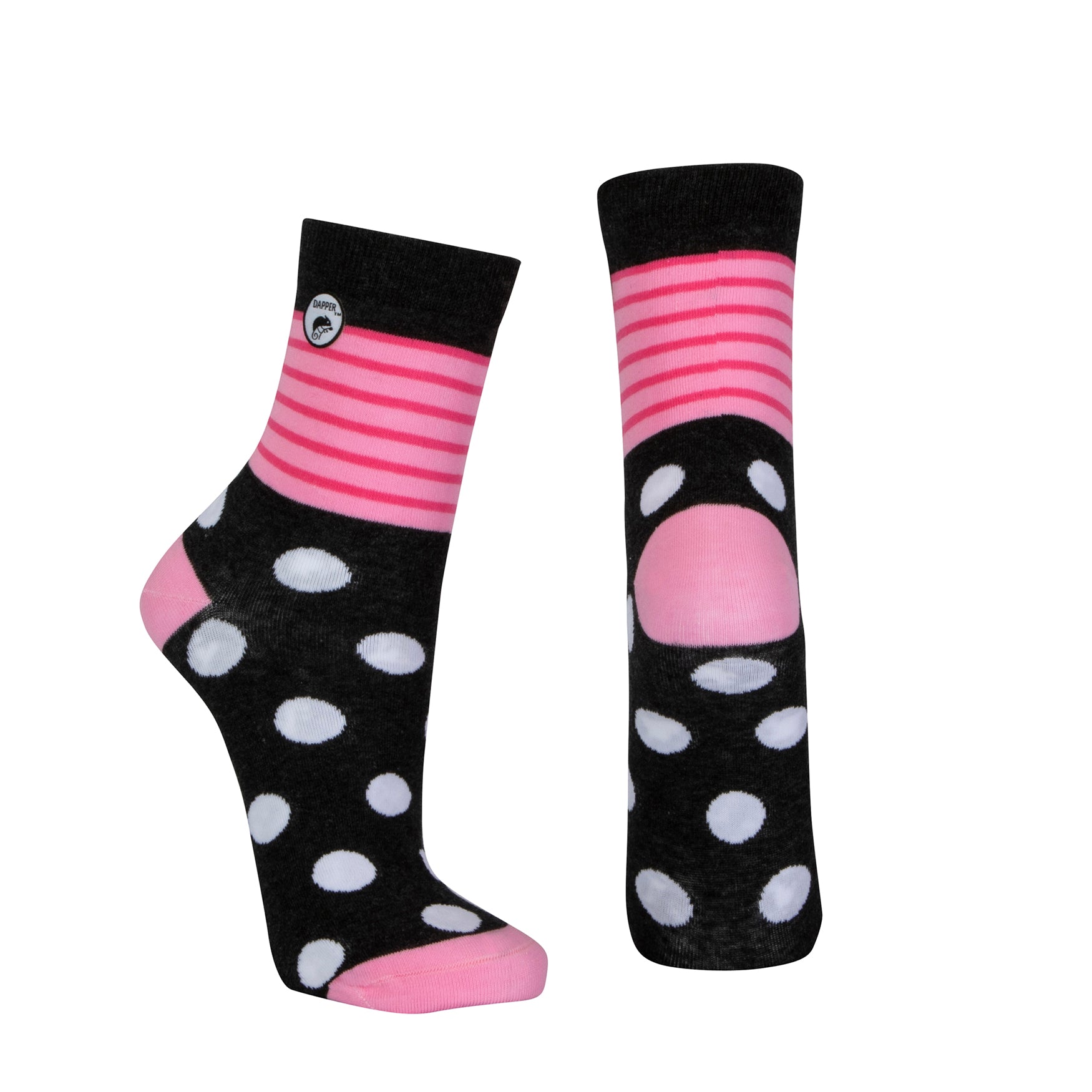 Combed cotton dark grey seamless toe anklet with cerise pink and baby pink stripes and white dots with a baby pink heel and toe.