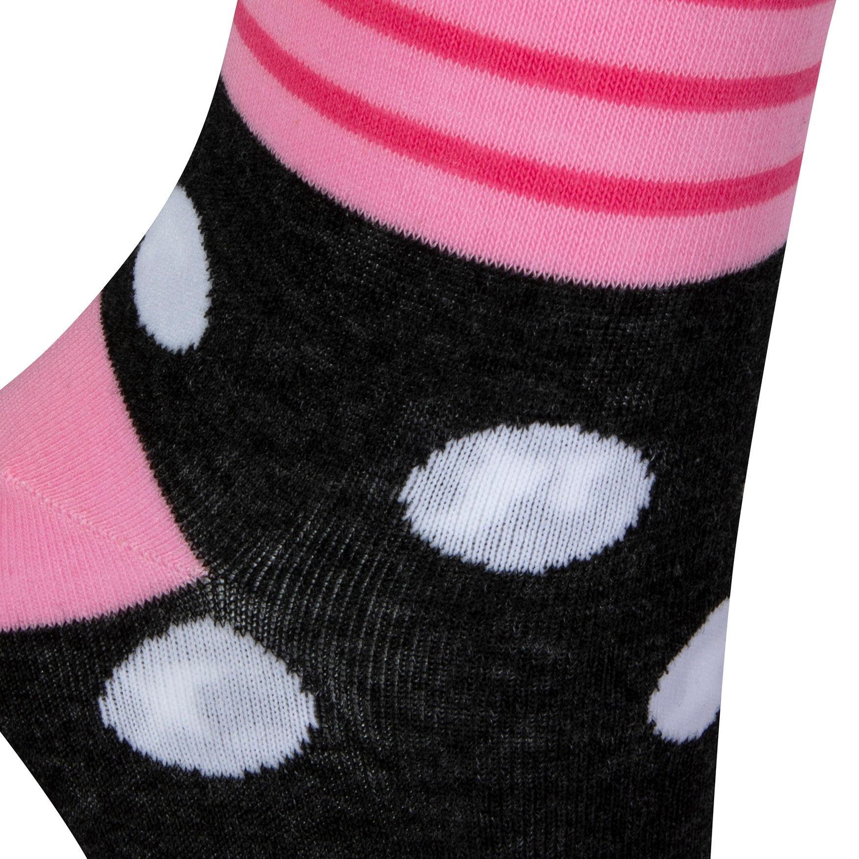 Textured heel view of a combed cotton dark grey seamless toe anklet with cerise pink and baby pink stripes and white dots with a baby pink heel.