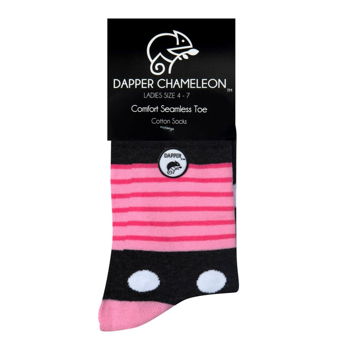 Header card packaging of a combed cotton dark grey seamless toe anklet with cerise pink and baby pink stripes and white dots with a baby pink heel and toe.