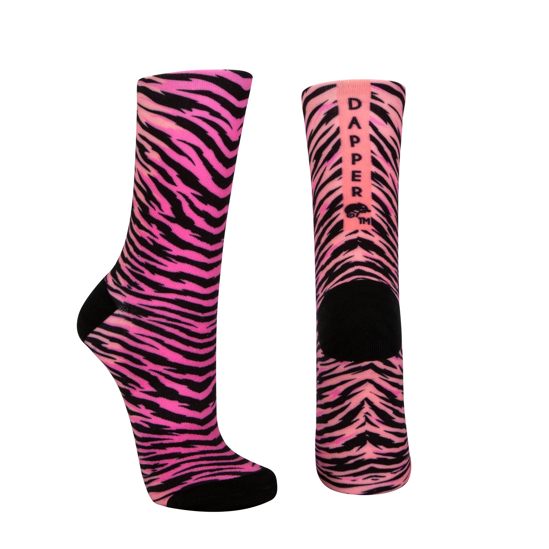 Pink seamless toe sock with black zebra stripe design print and black heel and toe.