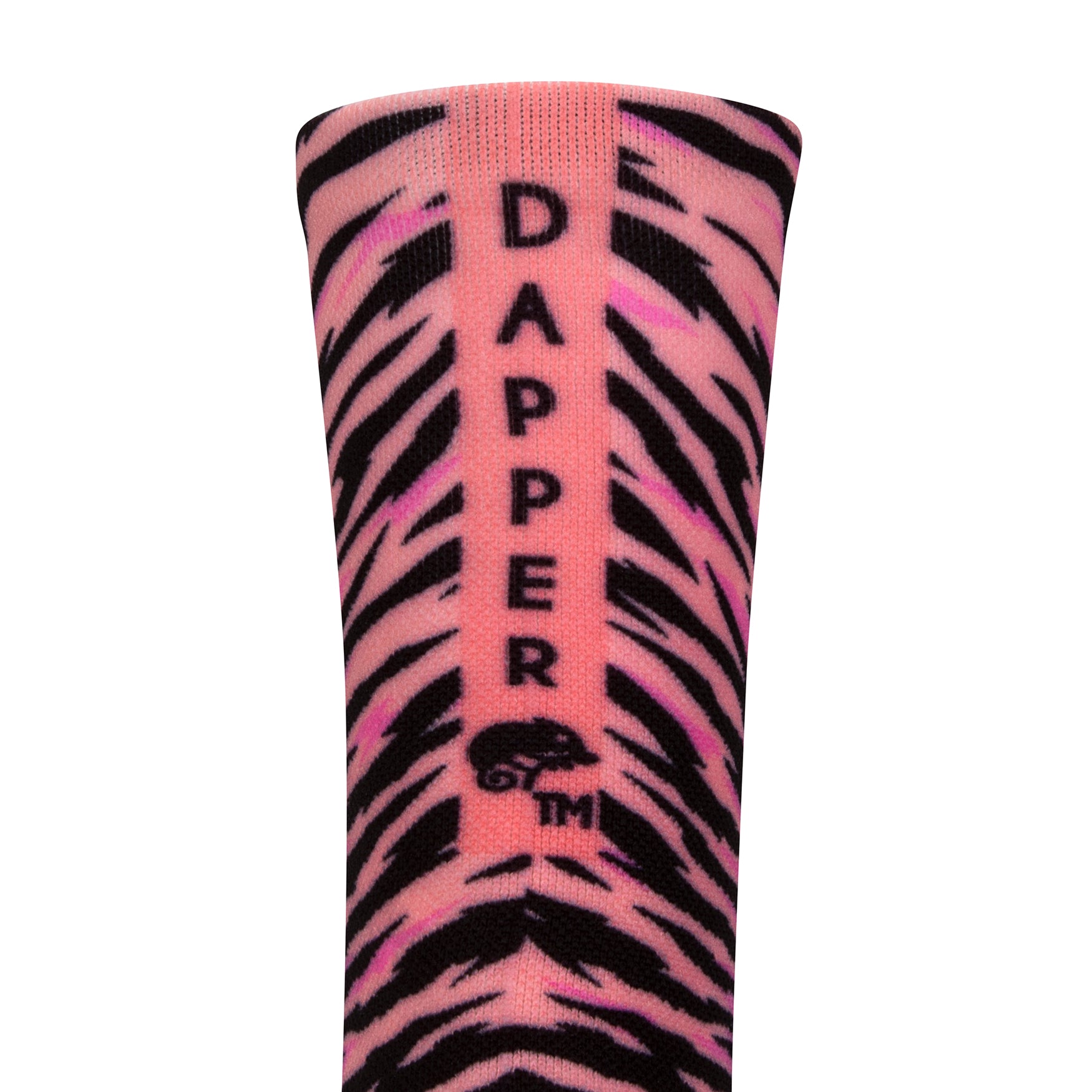 Back view of a pink seamless toe sock with black zebra stripe design print with a pink salmon strip with Dapper Chameleon wording and logo in black.