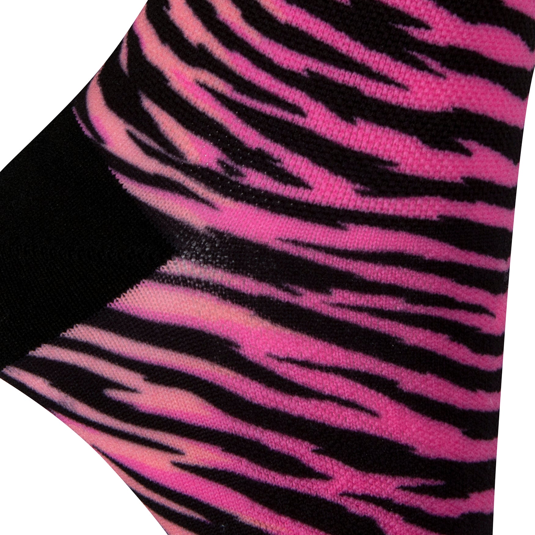 Textured heel view of a pink seamless toe sock with black zebra stripe design print and black heel.