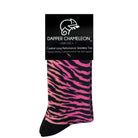 Header card packaging of a pink seamless toe sock with black zebra stripe design print and black heel and toe.