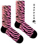 A Computer-Aided Design of a pink seamless toe sock with black zebra stripe design print and black heel and toe.