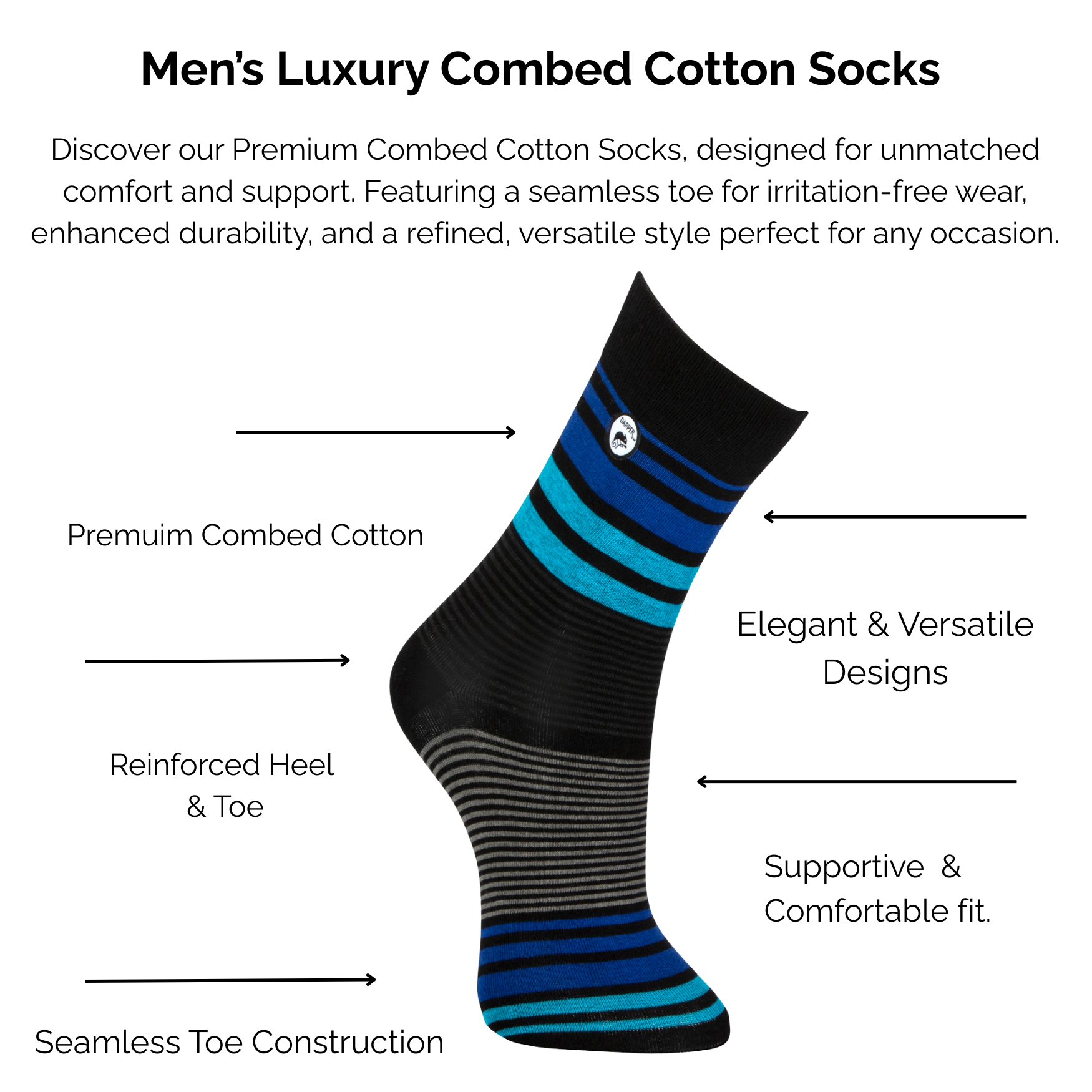 Men's luxury combed black and blue stripe cotton socks with technical features highlighted on a white background.
