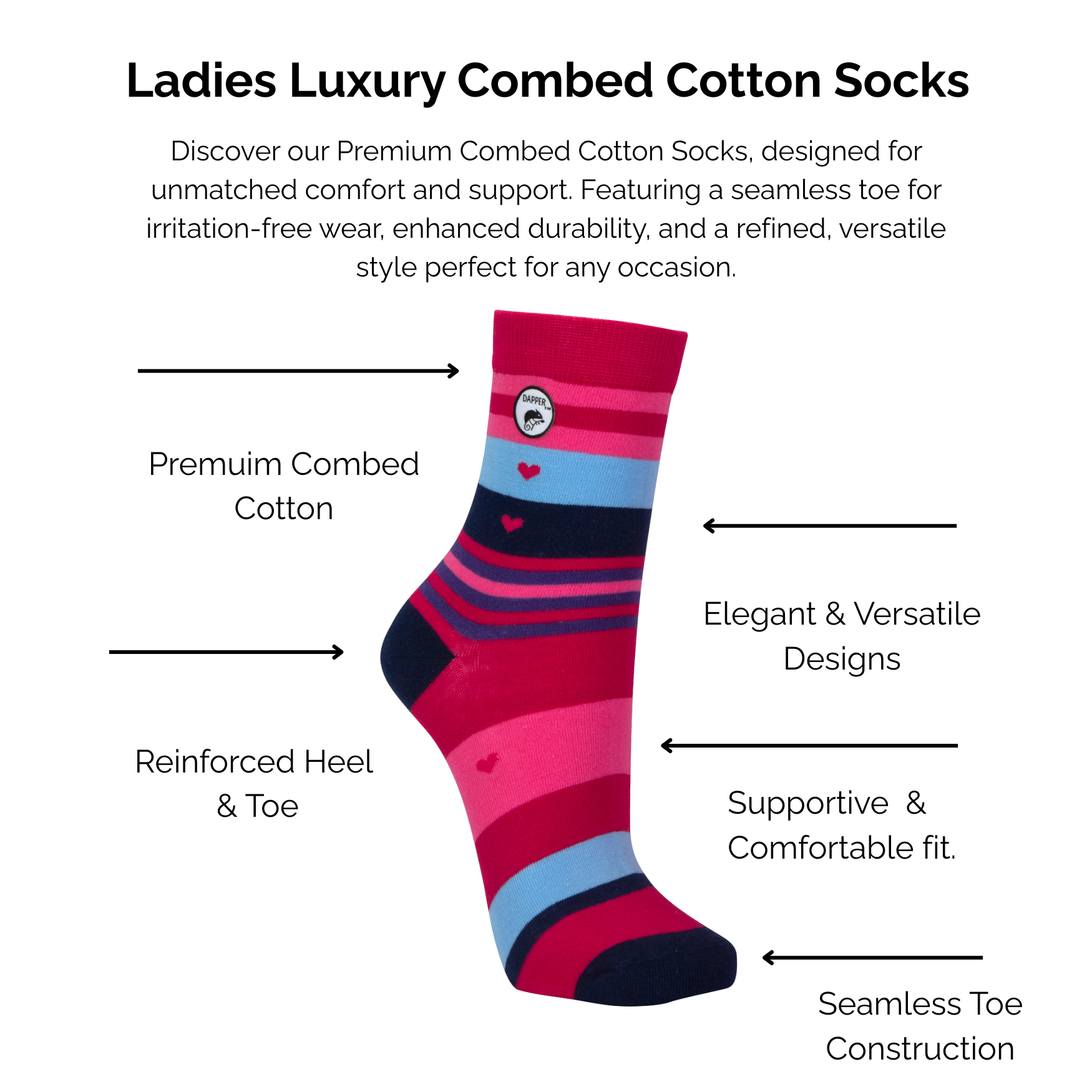Ladies Luxury Combed Cerise Heart striped Cotton Socks with technical features listed on a white background.