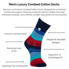 Men's luxury combed blue and red cotton striped sock with technical features highlighted on a white background.