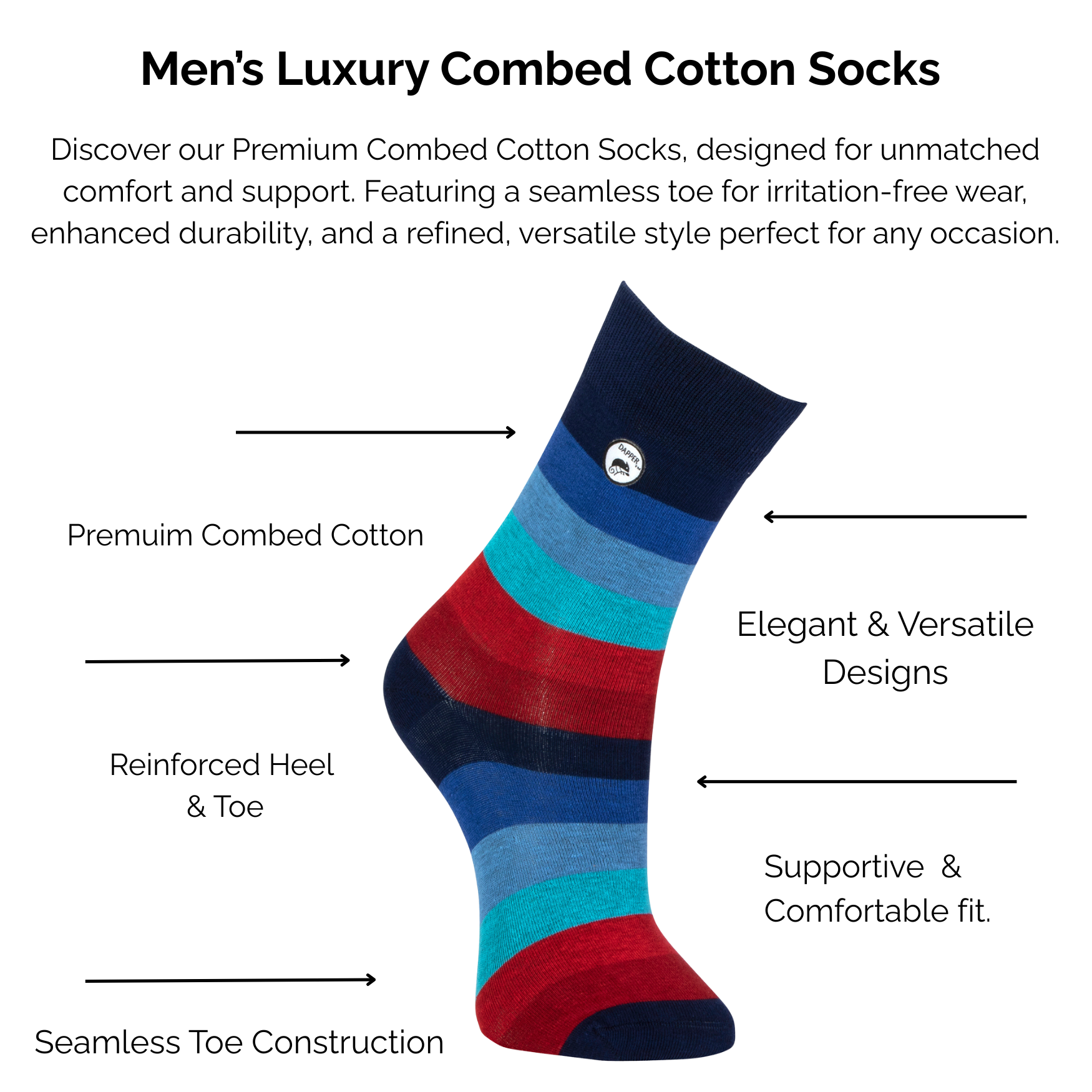 Men's luxury combed blue and red cotton striped sock with technical features highlighted on a white background.