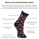 Men's luxury combed dark navy diamond design cotton sock with technical features highlighted on a white background.