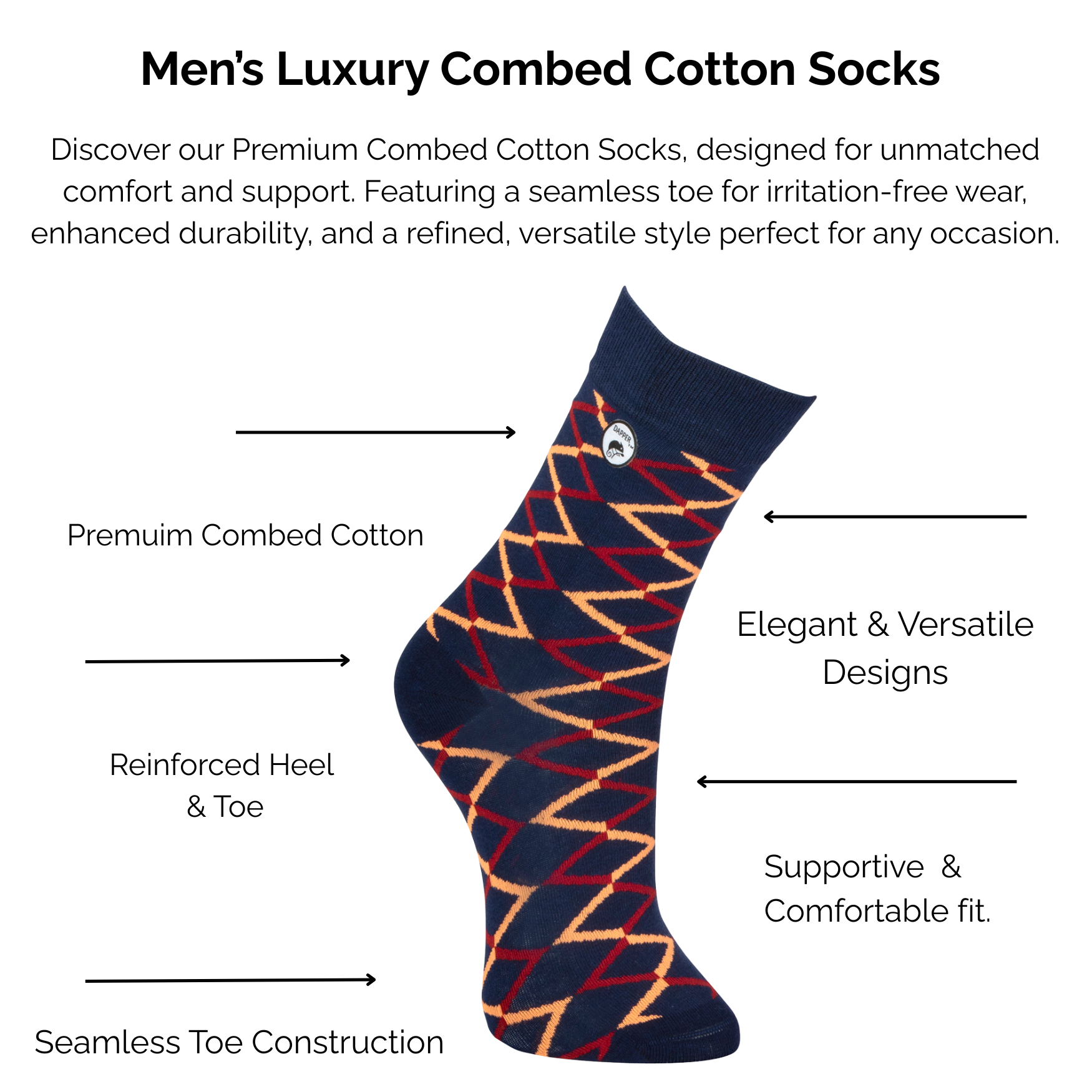 Men's luxury combed dark navy diamond design cotton sock with technical features highlighted on a white background.
