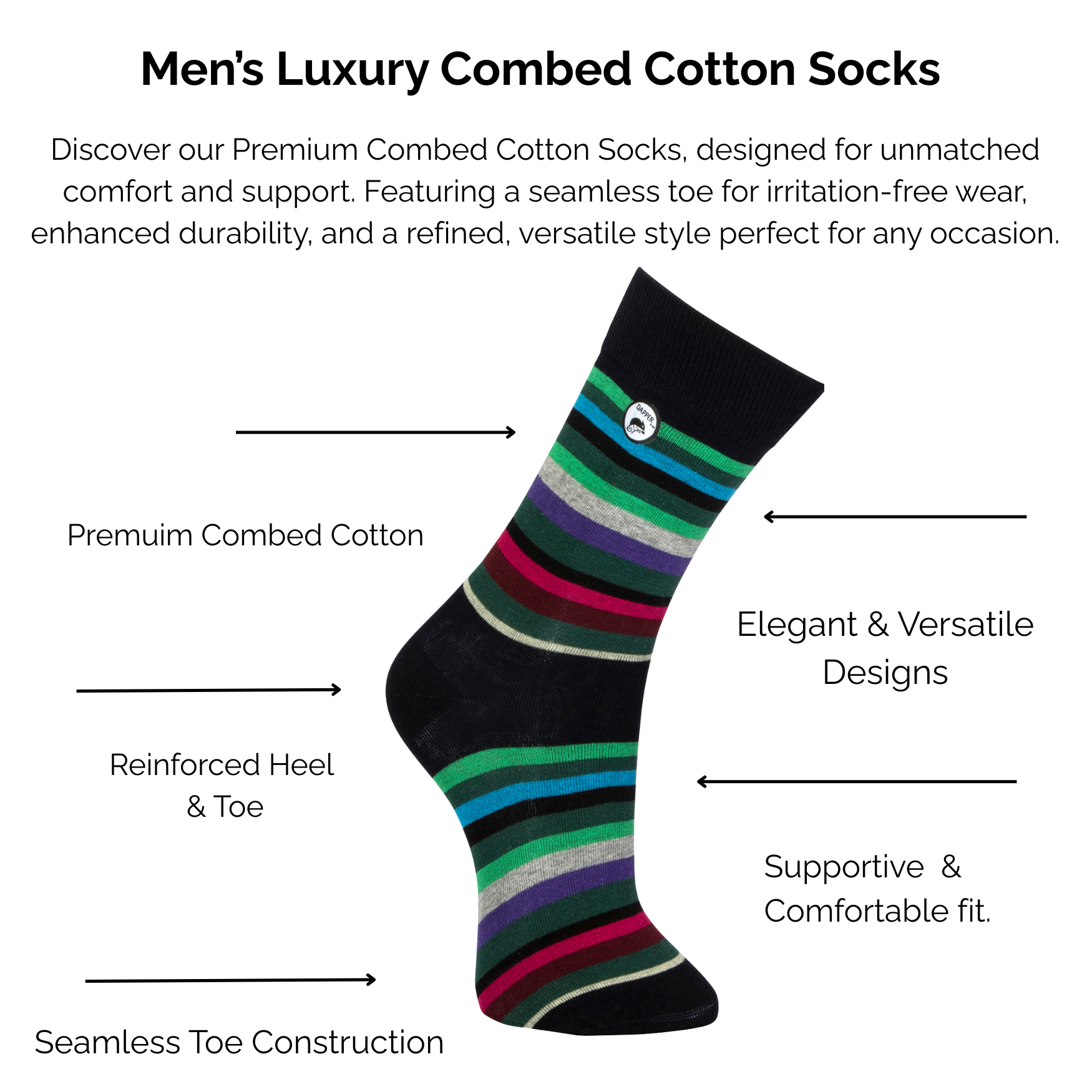 Men's luxury combed black cotton socks with green, blue, grey, purple and pink striped design with technical features highlighted on a white background.