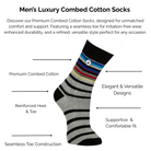 Men's Luxury Combed grey black stripe Cotton Socks with technical features highlighted on a white background.