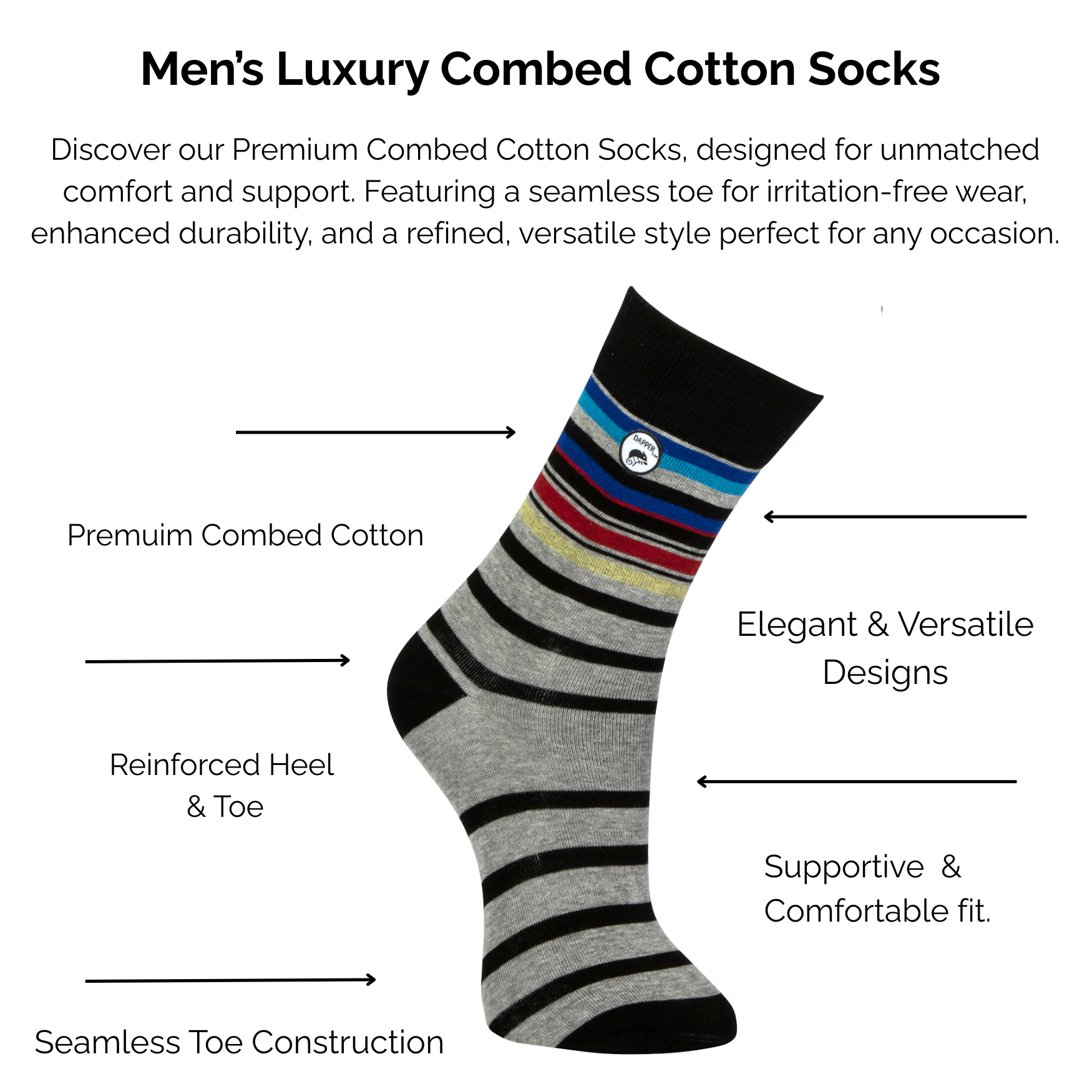 Men's Luxury Combed grey black stripe Cotton Socks with technical features highlighted on a white background.