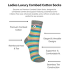 Grey Striped Combed Cotton sock with text describing technical features on a white background.
