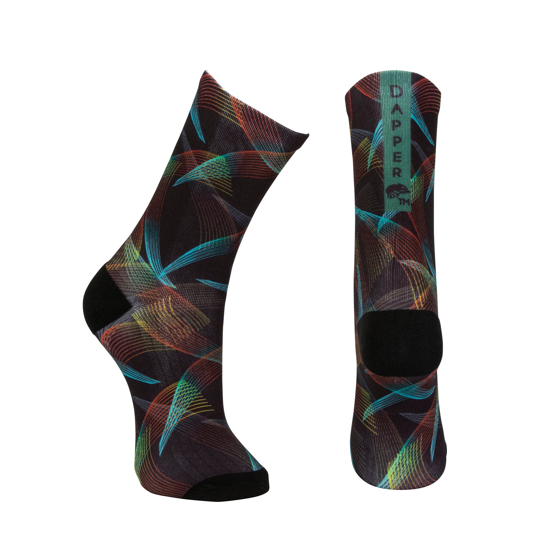 Black seamless toe sock with multi-colour abstract stripe design and black heel and toe.