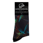 Header card packaging of a black seamless toe sock with multi-colour abstract stripe design and black heel and toe.