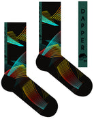 A Computer-Aided Design of a black seamless toe sock with multi-colour abstract stripe design and black heel and toe.