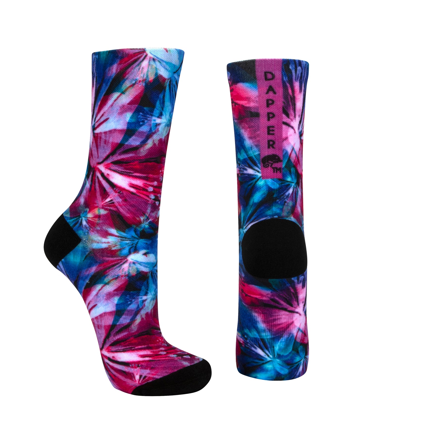 Seamless toe sock with pink and blue floral design print and black heel and toe.