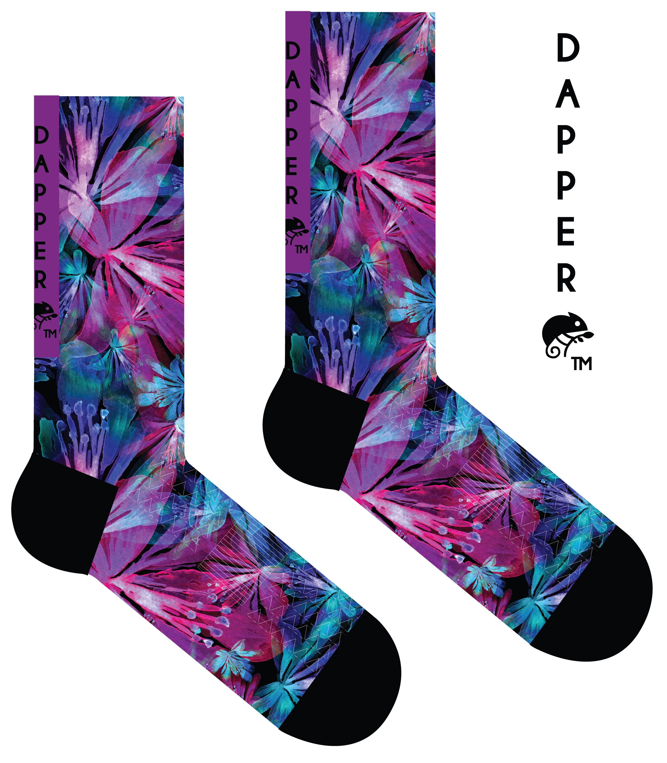 A Computer-Aided Design of a seamless toe sock with pink and blue floral design print and black heel and toe.