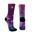 Purple seamless toe sock with galaxy print design and black heel and toe.