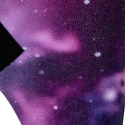 Textured heel view of a purple seamless toe sock with galaxy print design and black heel.