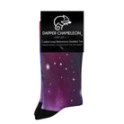 Header card packaging of a purple seamless toe sock with galaxy print design and black heel and toe.