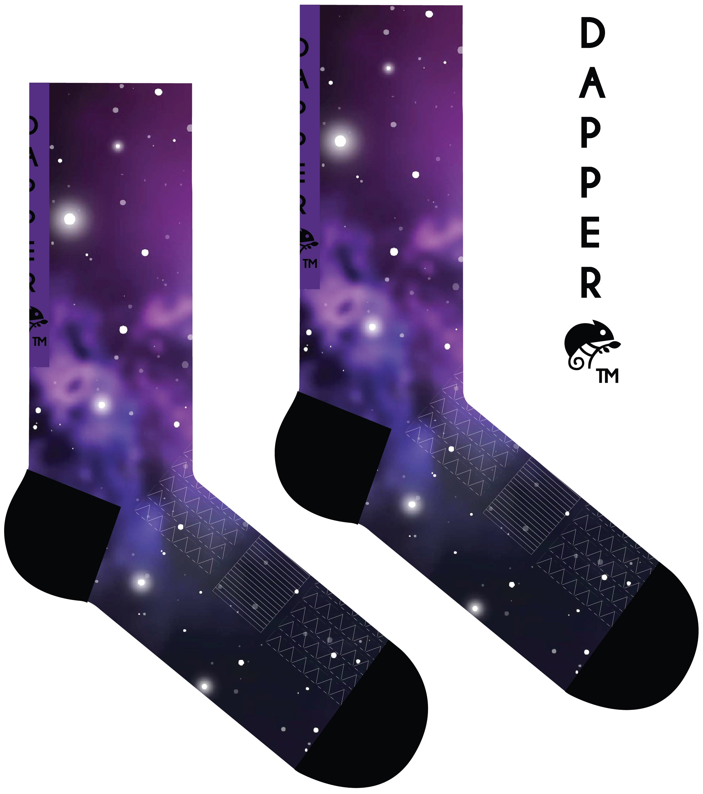 A Computer-Aided Design of a purple seamless toe sock with galaxy print design and black heel and toe.