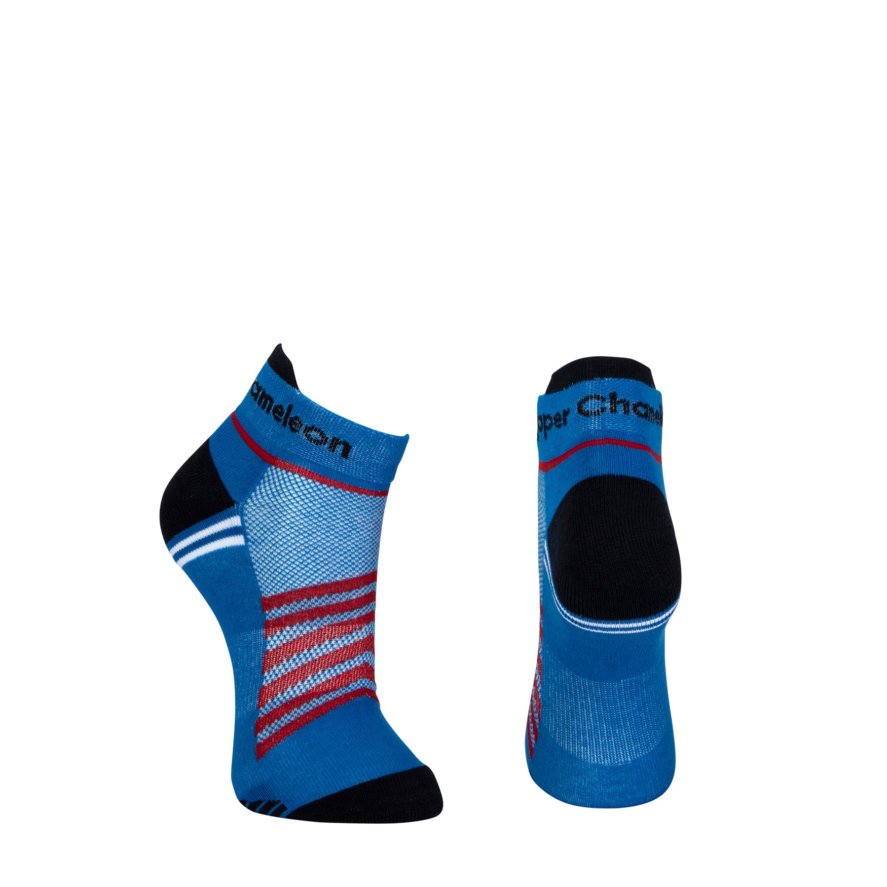 Blue seamless toe sport sock with red and white stripes with a dark blue cushioned heel and toe.