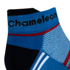 Side view of a blue seamless toe sport sock with red and white stripes with a dark blue lip and blue cushioned heel with dark blue Dapper Chameleon wording on the cuff.