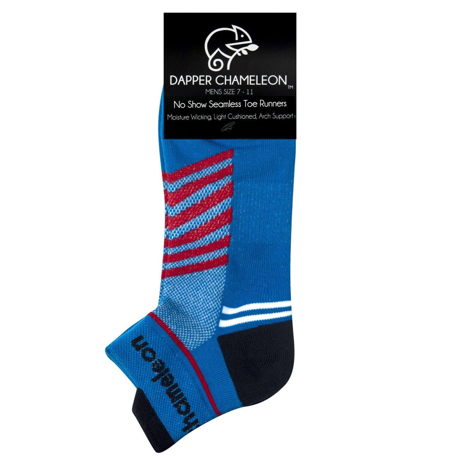 Header card packaging of a blue seamless toe sport sock with red and white stripes with a dark blue cushioned lip, heel and toe.