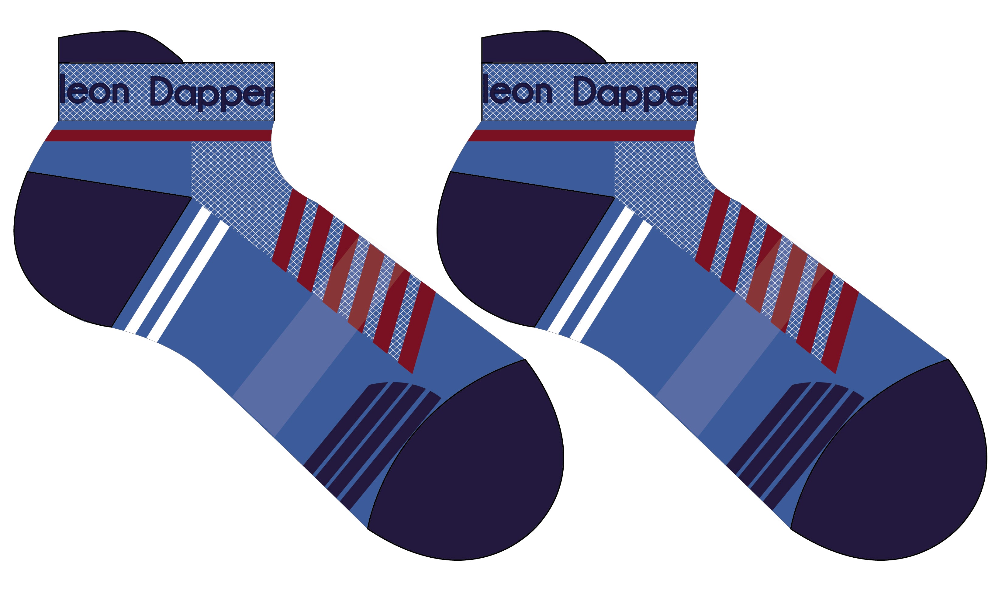 A Computer-Aided Design of a blue seamless toe sport sock with red and white stripes with a dark blue cushioned lip, heel and toe.