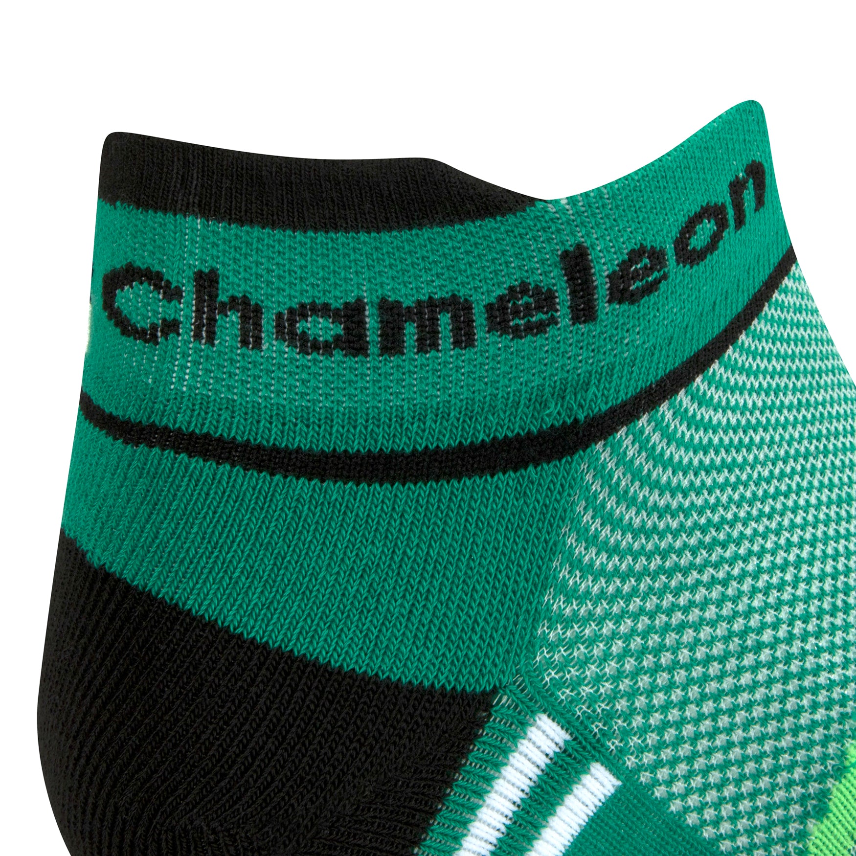 Side view of a green seamless toe sport sock with white and lime green stripes with a black lip and black cushioned heel with black Dapper Chameleon wording on the cuff.