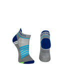 Grey seamless toe sport sock with white and sky blue stripes with a royal blue cushioned lip, heel and toe.