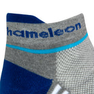 Side view of a grey seamless toe sport sock with white and sky blue stripe with a royal blue cushioned heel and lip with royal blue Dapper Chameleon wording on the cuff.