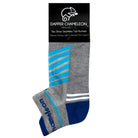 Header card packaging of a grey seamless toe sport sock with white and sky blue stripes with a royal blue cushioned lip, heel and toe.