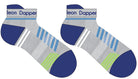 A Computer-Aided Design of a grey seamless toe sport sock with white and sky blue stripes with a royal blue cushioned lip, heel and toe.