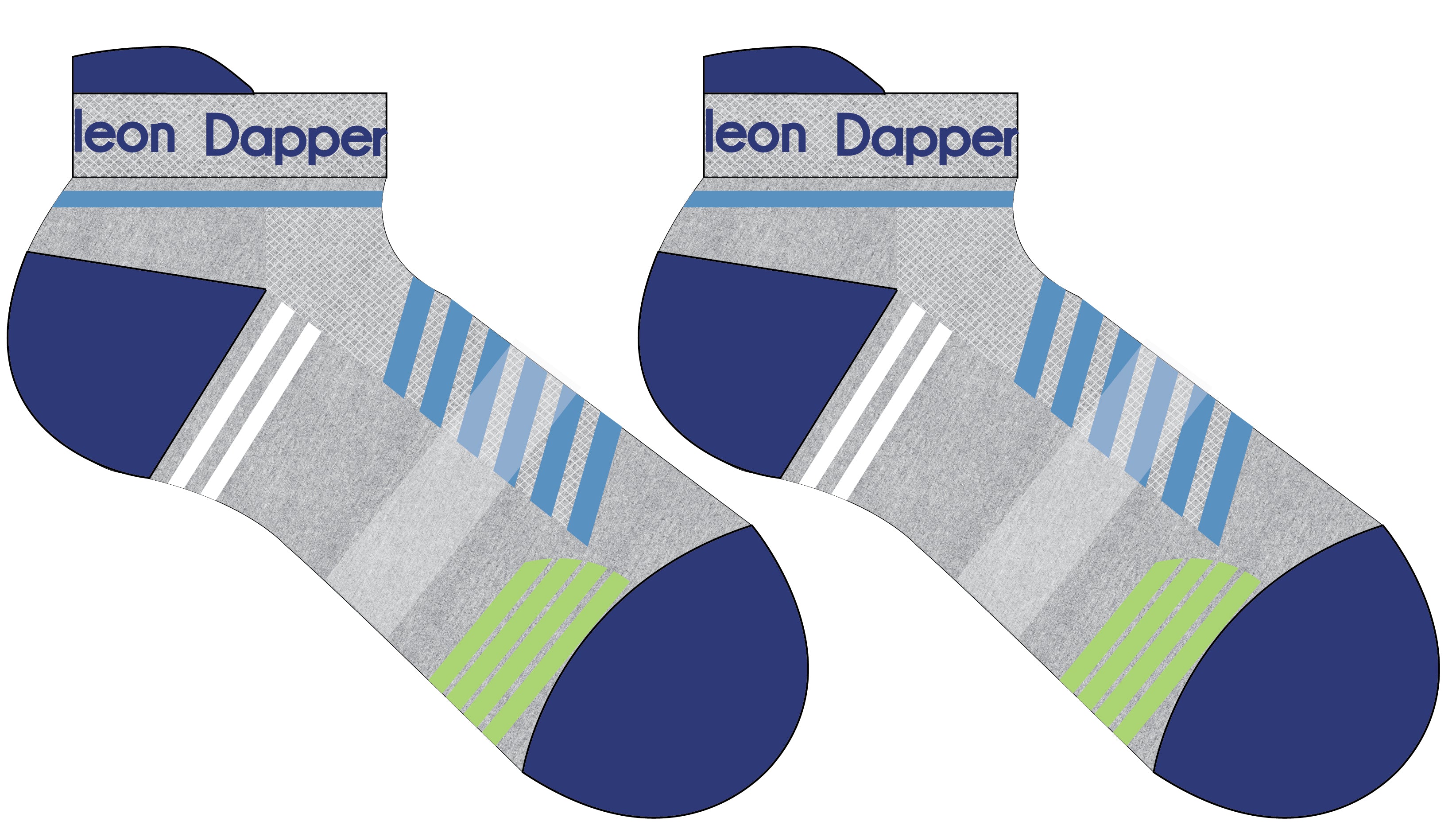 A Computer-Aided Design of a grey seamless toe sport sock with white and sky blue stripes with a royal blue cushioned lip, heel and toe.