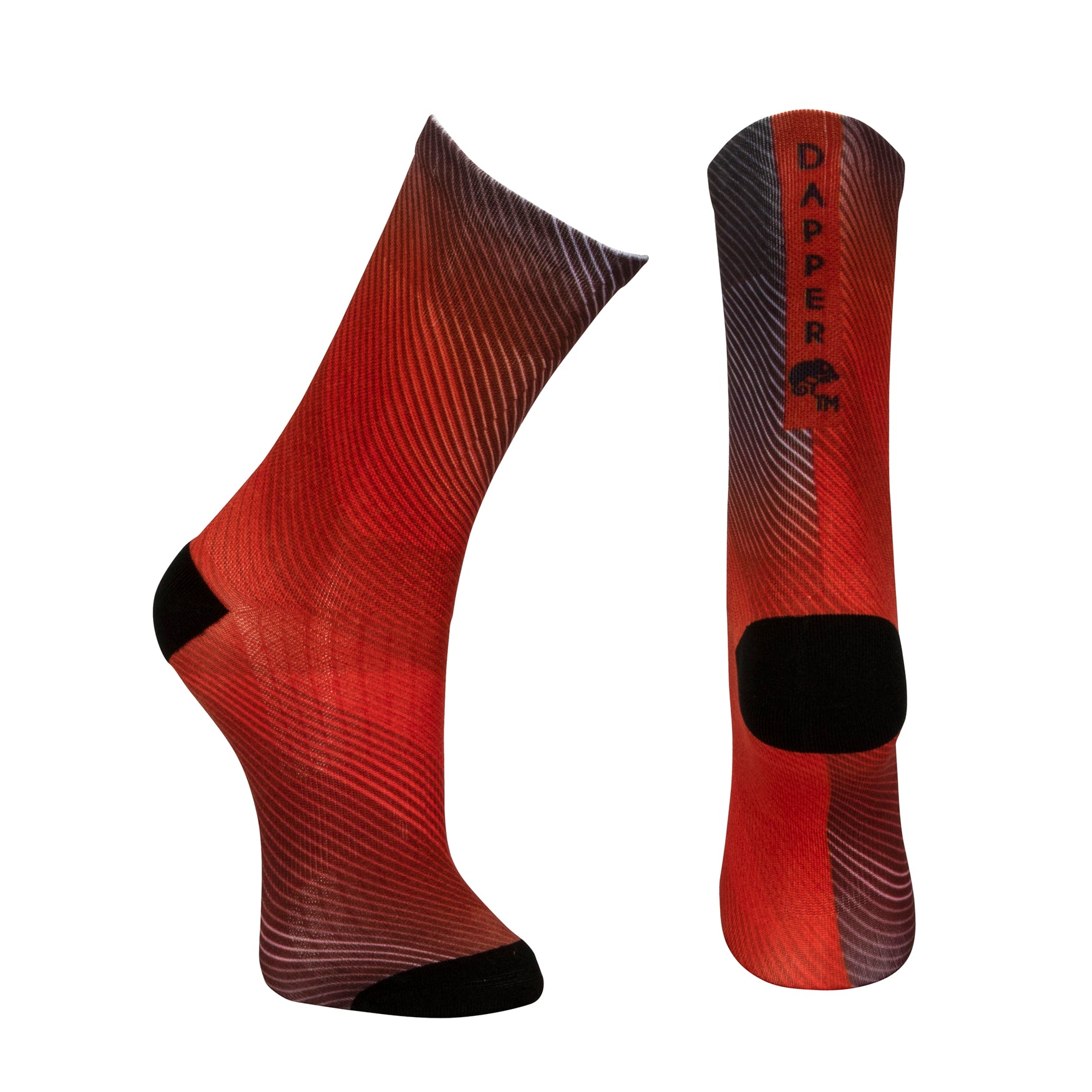 Red seamless toe sock with striped abstract print design and black heel and toe.