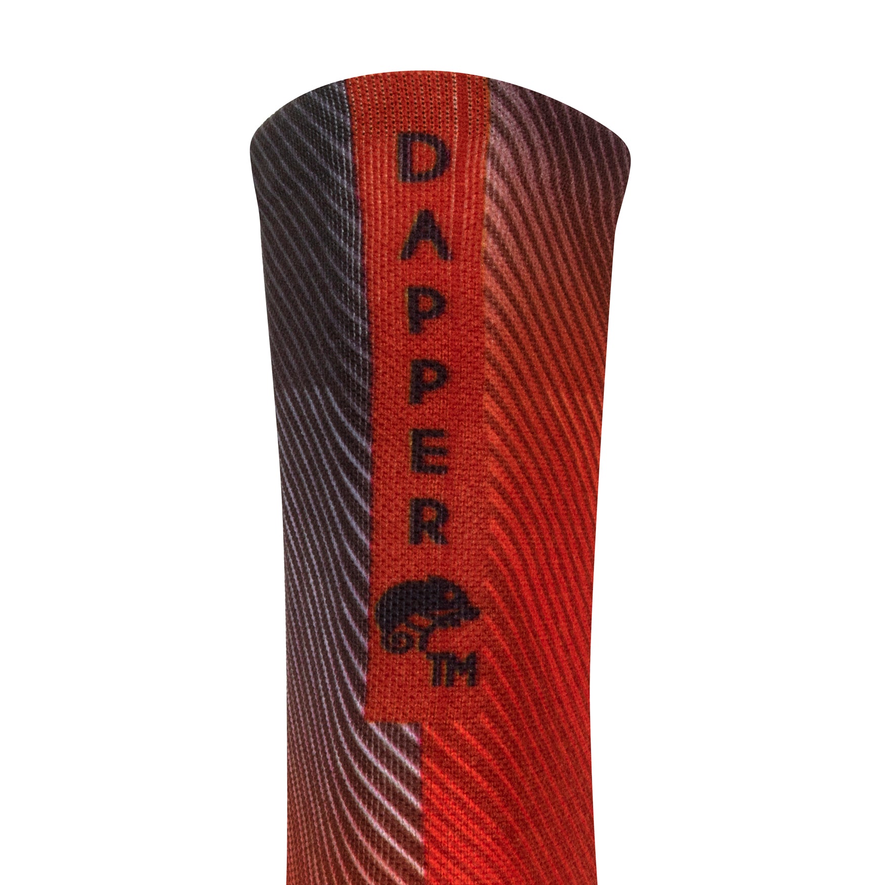 Back view of a red seamless toe sock with striped abstract print design with a red strip with Dapper Chameleon wording and logo in black.