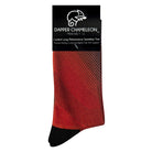 Header card packaging of a red seamless toe sock with striped abstract print design and black heel and toe.