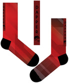 A Computer-Aided Design of the red seamless toe sock with striped abstract print design and black heel and toe.