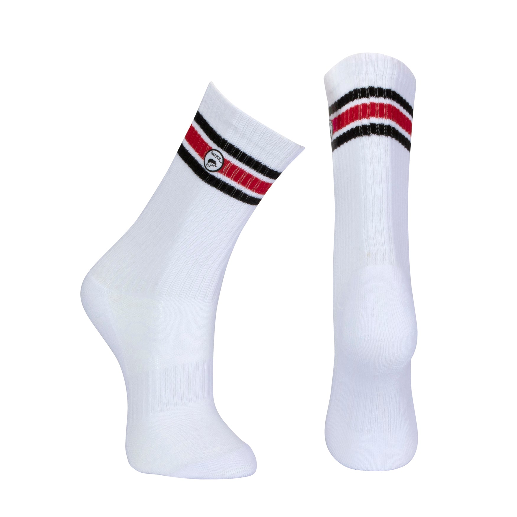 Long length ribbed white combed cotton seamless toe anklet with black and red stripes with a white heel and toe, cushioned foot and circular gripper around the arch of the foot.