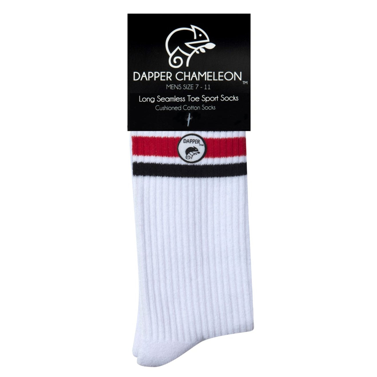 Header card packaging of a long length ribbed white combed cotton seamless toe anklet with black and red stripes with a white heel and toe, cushioned foot and circular gripper around the arch of the foot.