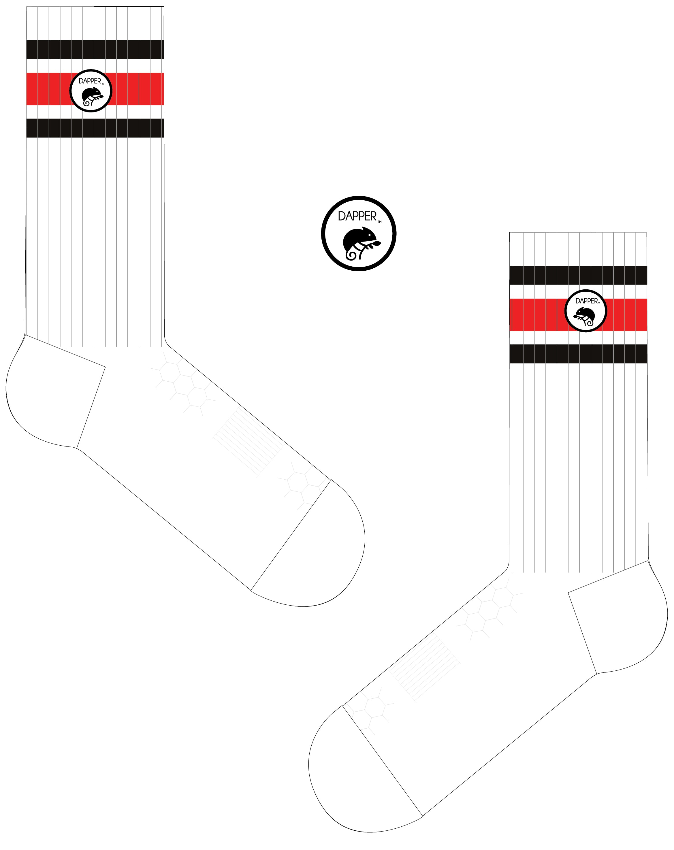 A Computer-Aided Design of a long length ribbed white combed cotton seamless toe anklet with black and red stripes with a white heel and toe, cushioned foot and circular gripper around the arch of the foot.