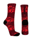 Red seamless toe sock with red hearts print design and black heel and toe.