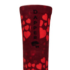 Back view of a red seamless toe sock with red hearts print design with a maroon strip with Dapper Chameleon wording and logo in black.