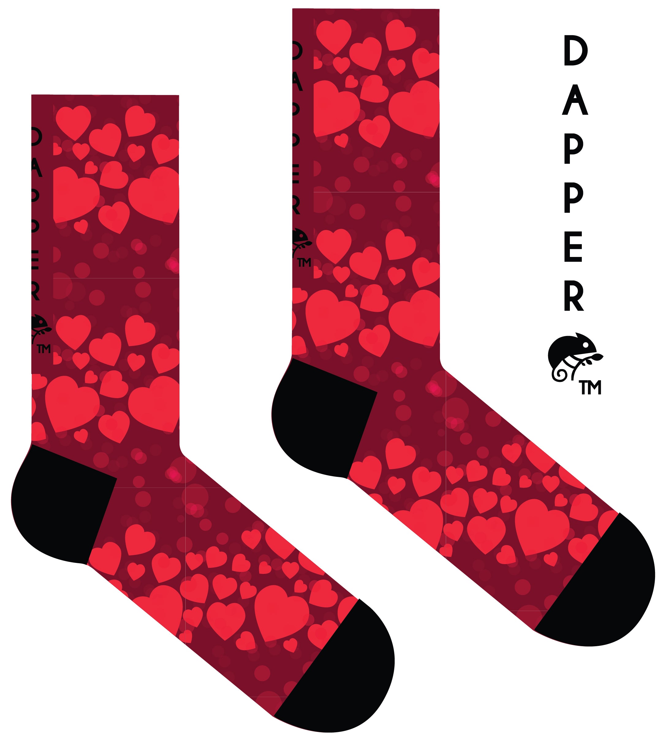 A Computer-Aided Design of a red seamless toe sock with red hearts print design and black heel and toe.