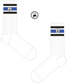 A Computer-Aided Design of a long length ribbed white combed cotton seamless toe anklet with black and royal blue stripes with a  white heel and toe, cushioned foot and circular gripper around the arch of the foot.