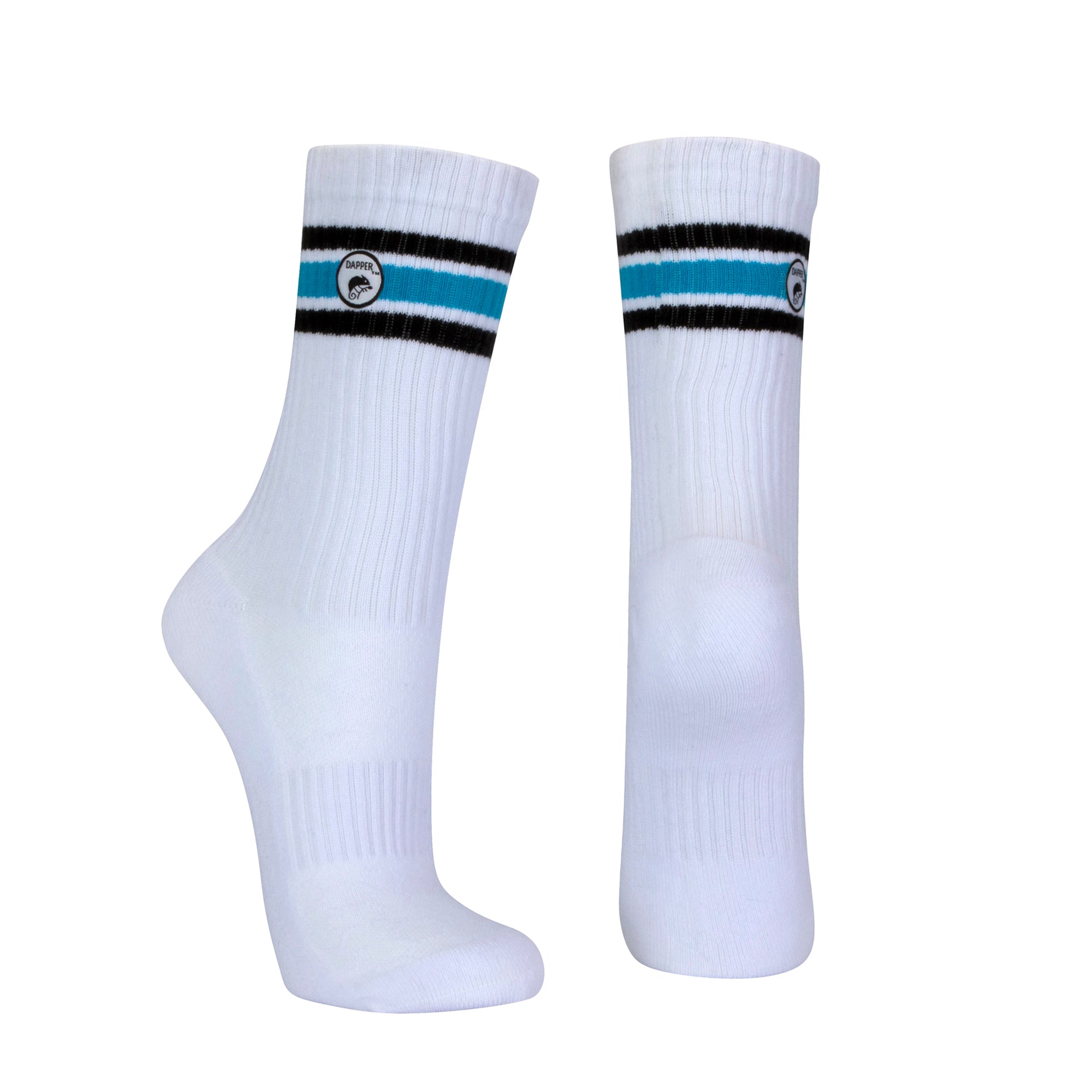 Long length ribbed black combed cotton seamless toe anklet with black and sky blue stripes with a white heel and toe, cushioned foot and circular gripper around the arch of the foot.