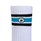 Side view of a long length ribbed white combed cotton seamless toe anklet with black and sky blue stripes with Dapper Chameleon logo.